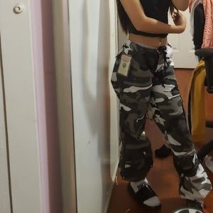 Black grey white camo cargo pants